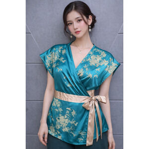 VTG Miss Me Womens Satin Floral Wrap Top Teal V Neck Sz S Tie Waist Asian Kimono